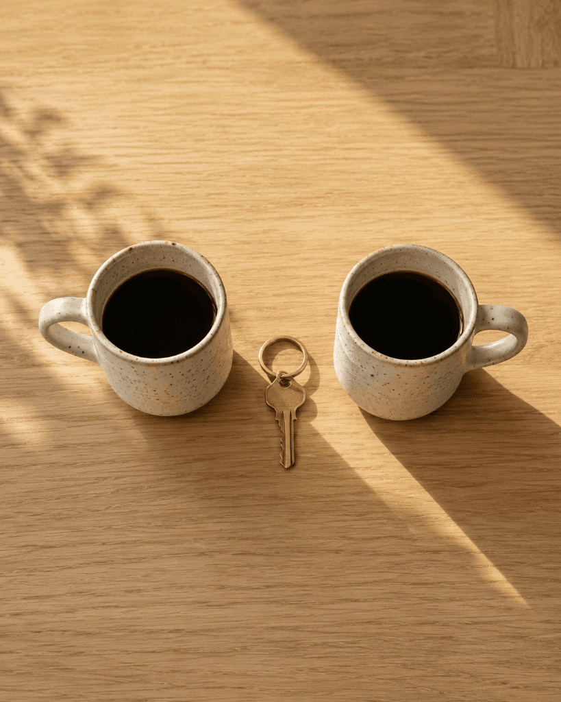 Two coffee mugs and a house key on a wooden table — built for real estate teams